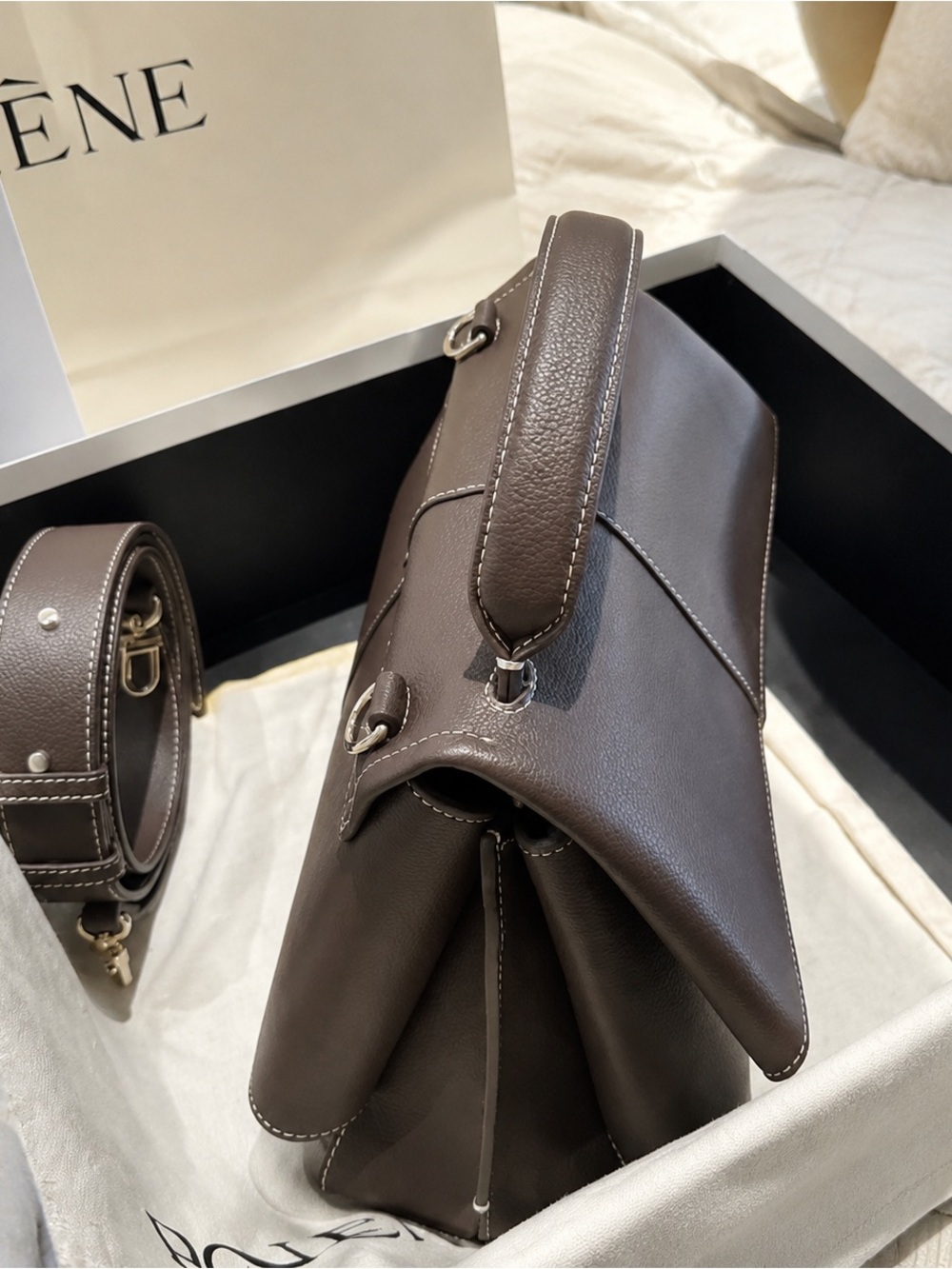 Polene Dark Brown Leather Top-Handle Satchel with Gold Hardware - Picture 2 of 4